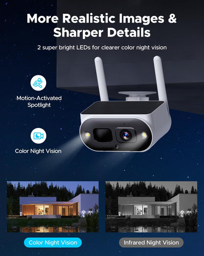 Solar Security Cameras Wireless Outdoor, Quick Installation, No Subscription Cameras for Home Security Camera System, 10CH Expandable, 2.4 & 5Ghz, 4 Cameras with Monitor