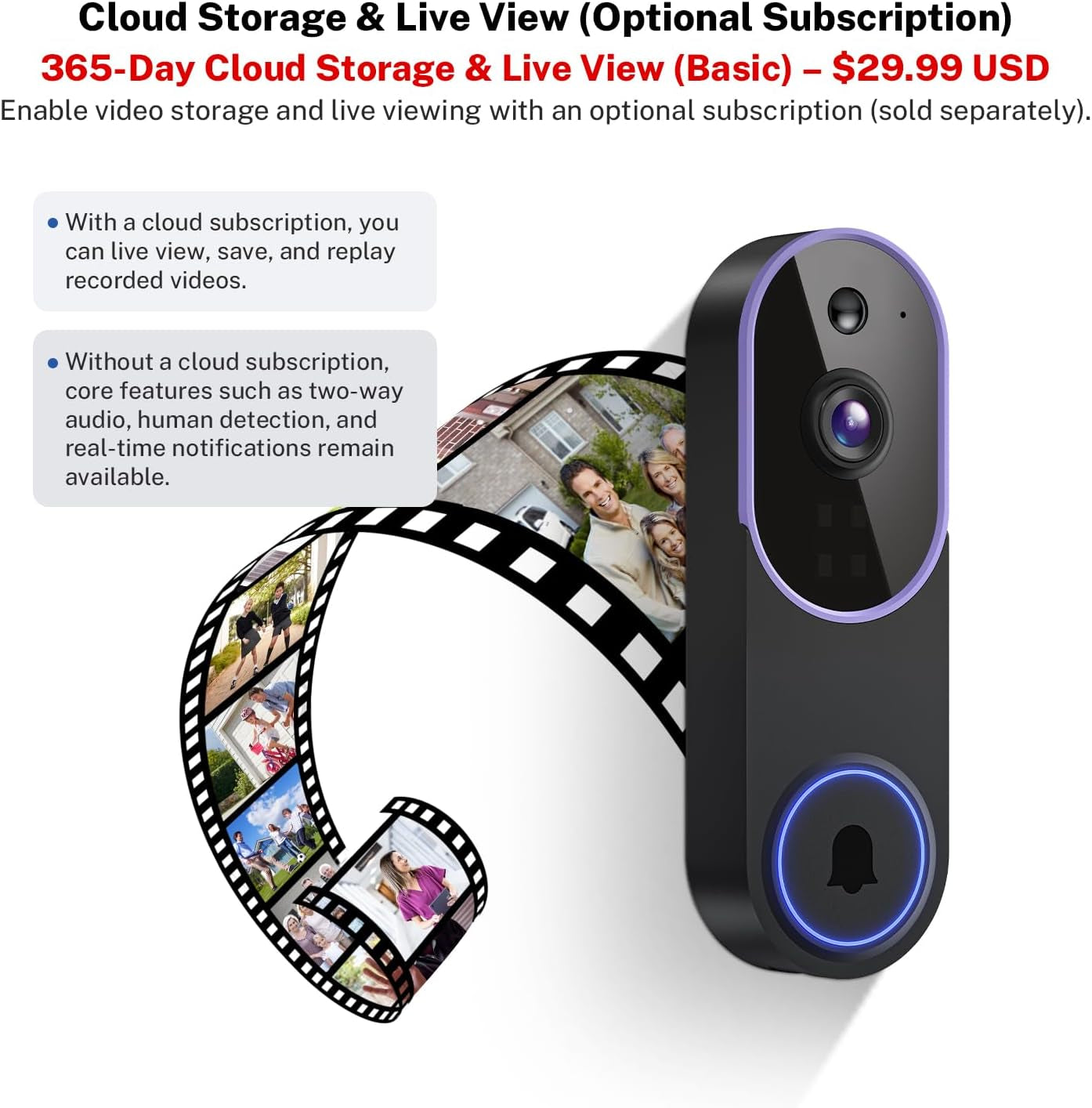 Smart 1080P Video Doorbell Camera with Night Vision, Live View, AI Human Detection, 2-Way Audio, Cloud Storage (Sold Separately), 2.4G Wifi Only, Hidden Security
