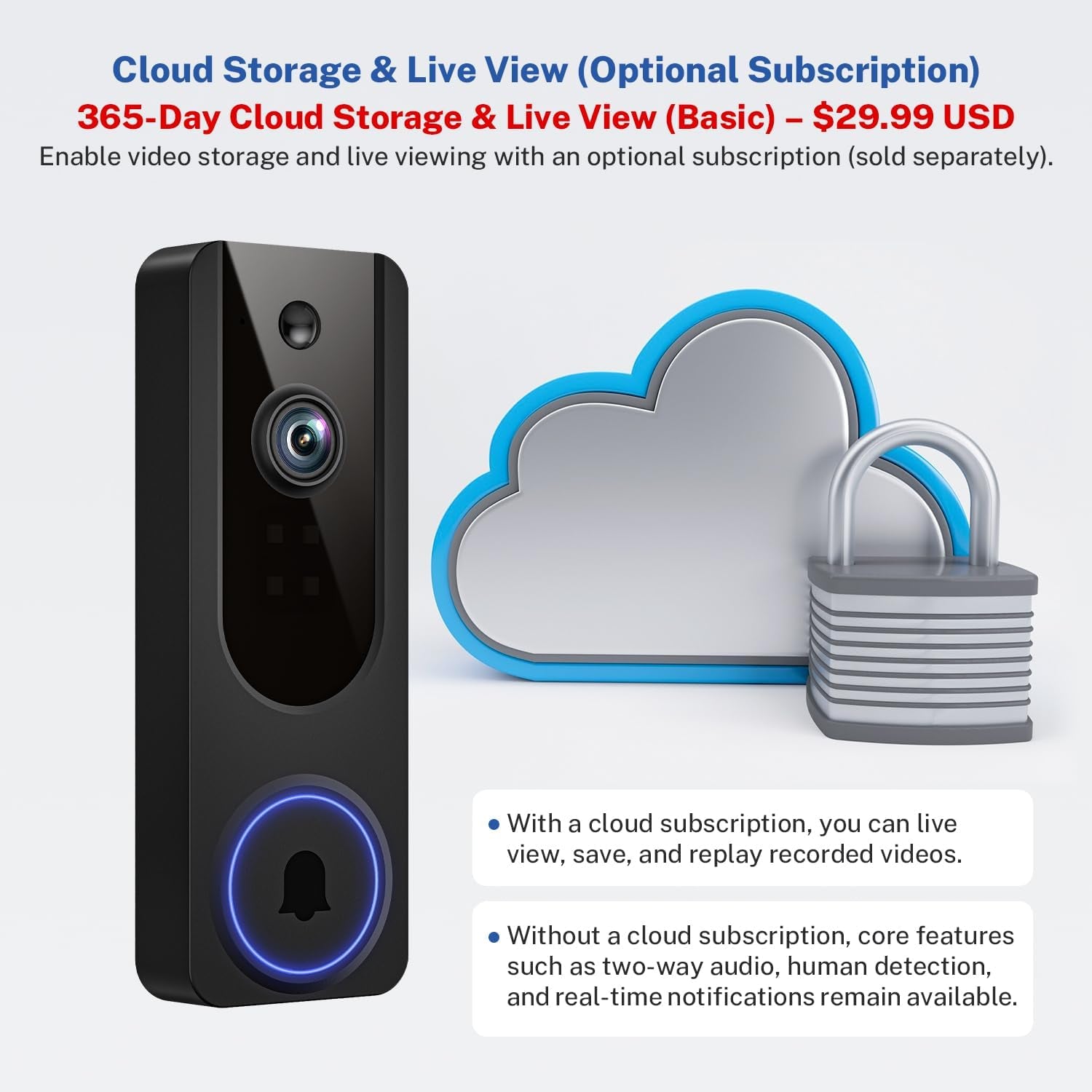 1080P Wifi Video Doorbell Camera Wireless, Battery Powered, AI Human and Motion Detection, 2 Way Talk, Night Vision, Cloud Storage, 2.4G Wifi Only, Indoor/Outdoor Surveillance