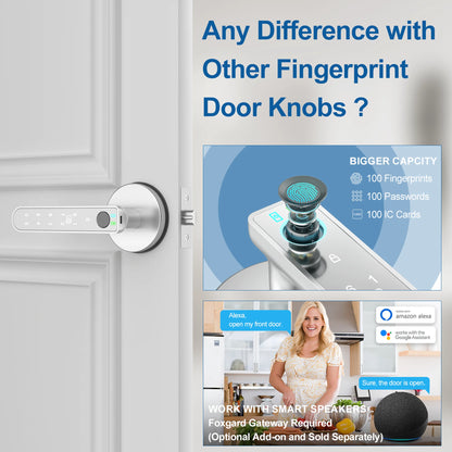 Fingerprint Door Lock, Smart Door Knob with APP Control, 100 Fingerprints Biometric Door Lock with Tuya App, Silver