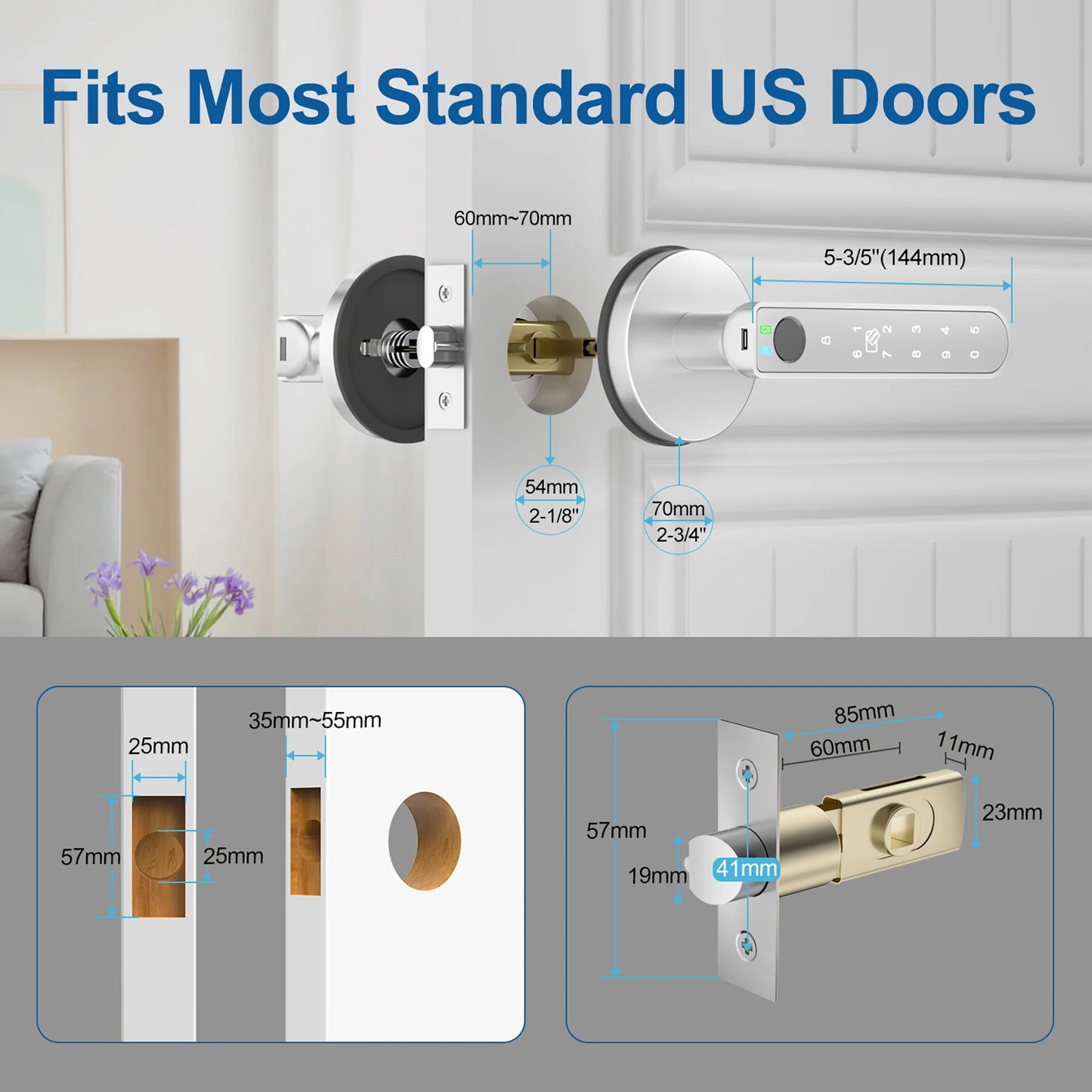 Fingerprint Door Lock, Smart Door Knob with APP Control, 100 Fingerprints Biometric Door Lock with Tuya App, Silver