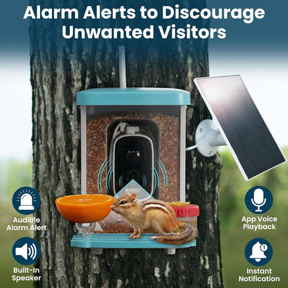 AI Smart Bird Feeder with Camera - Solar Powered Bird Feeder, 2.5K Video, 10,000+ Species ID - 50M App Range, Two-Way Audio - with Hummingbird Feeder - IP65 Waterproof, Night Vision, 1.5L