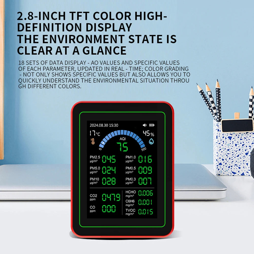 18-In-1 Air Quality Monitor with CO2 Monitor/Hcho/Tvoc/Temperature/Humidity Colorful TFT Display Screen Air Quality Meter