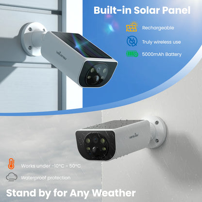 2K Security Camera Outdoor, IP65 Solar Camera Outdoor Wireless, Wireless Cameras for Home Security with Color Night Vision, Two-Way Audio, PIR Alert, 2.4G Wifi Only