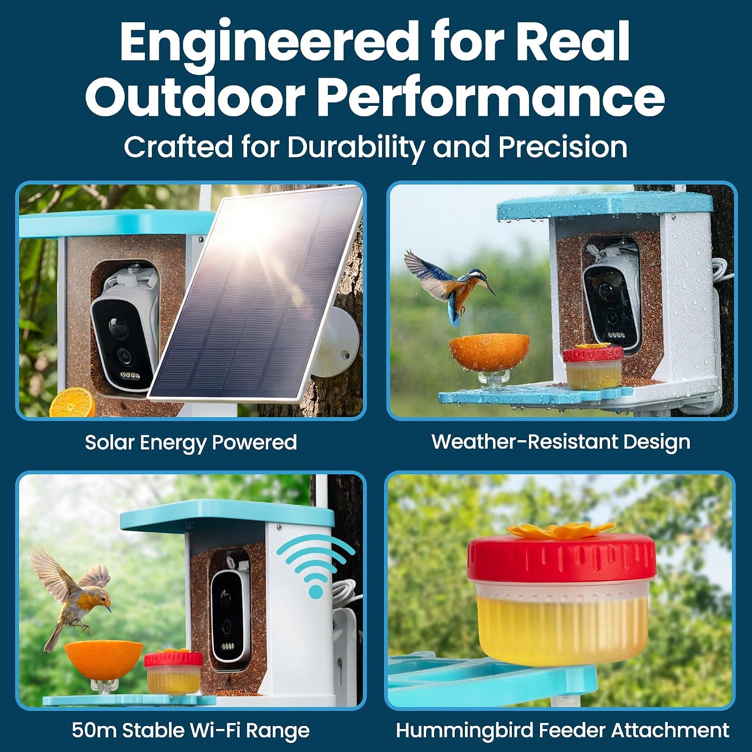 AI Smart Bird Feeder with Camera - Solar Powered Bird Feeder, 2.5K Video, 10,000+ Species ID - 50M App Range, Two-Way Audio - with Hummingbird Feeder - IP65 Waterproof, Night Vision, 1.5L