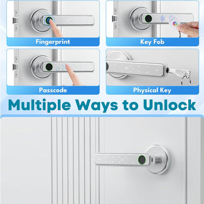 Fingerprint Door Lock, Smart Door Knob with Fingerprint/Password/Key/Ic Card-Smart Door Lock for Bedroom, Hotel, Office, Apartment-Silver
