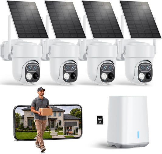 Security Cameras Wireless Outdoor, No Subscription 4-Cam System with Hub