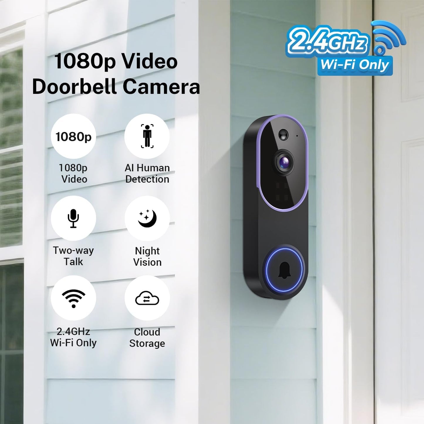 Smart 1080P Video Doorbell Camera with Night Vision, Live View, AI Human Detection, 2-Way Audio, Cloud Storage (Sold Separately), 2.4G Wifi Only, Hidden Security