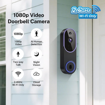 Smart 1080P Video Doorbell Camera with Night Vision, Live View, AI Human Detection, 2-Way Audio, Cloud Storage (Sold Separately), 2.4G Wifi Only, Hidden Security