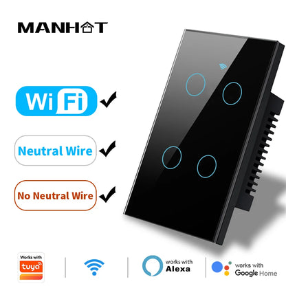 US Wifi Smart Light Switch Neutral Wire/No Neutral Wire Touch Switch Smart Life Work with Tuya Alexa Google Home 1/2/3/4 Gang