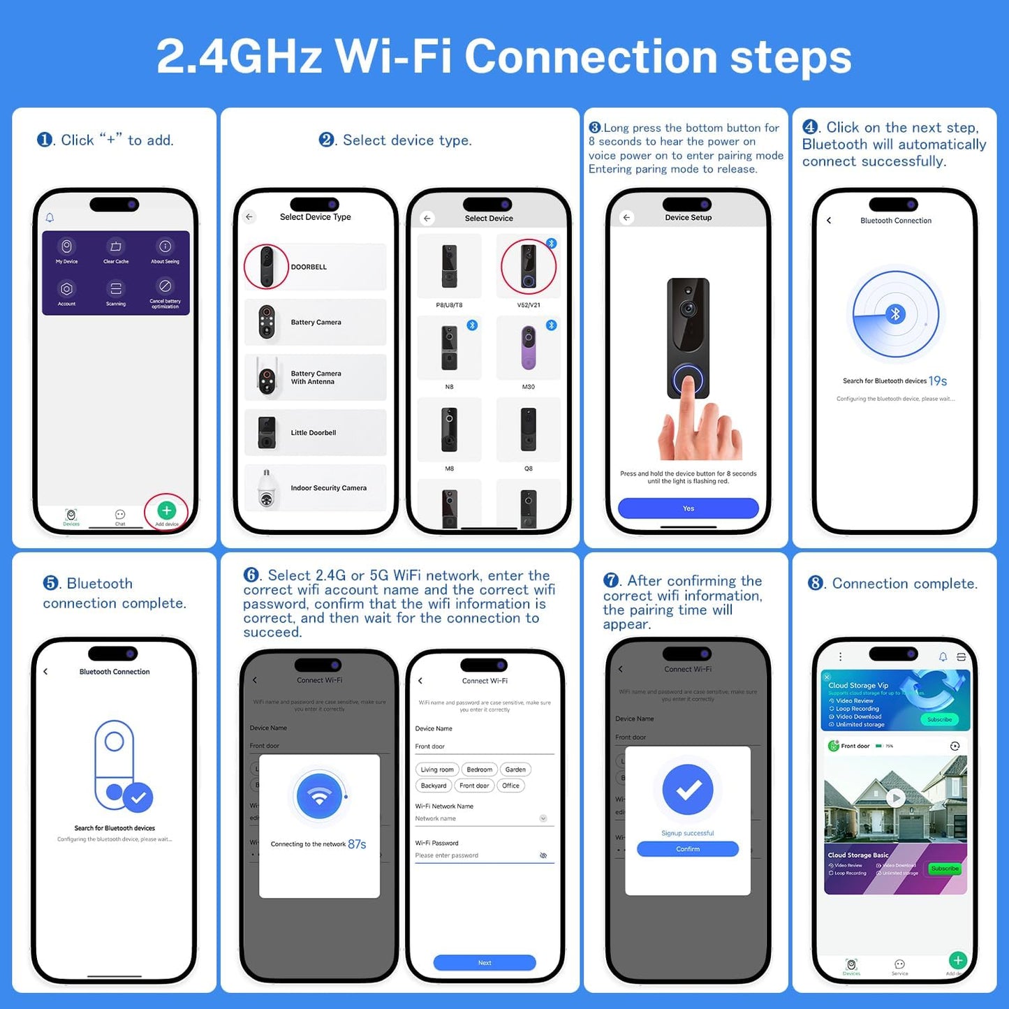 1080P Wifi Video Doorbell Camera Wireless, Battery Powered, AI Human and Motion Detection, 2 Way Talk, Night Vision, Cloud Storage, 2.4G Wifi Only, Indoor/Outdoor Surveillance
