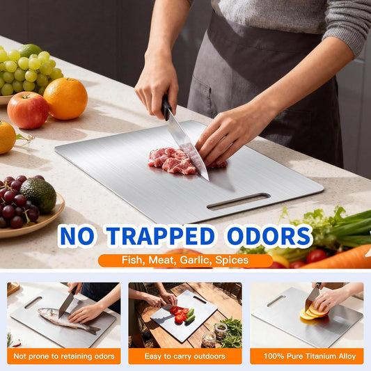 Titanium Cutting Board Set of 1, 18 * 12Inches, Titanium Cutting Boards for Kitchen, Food Grade Metal Double Sided Chopping Boards for Kitchen Counter Meat Vegetable Fruit Outdoor Camping