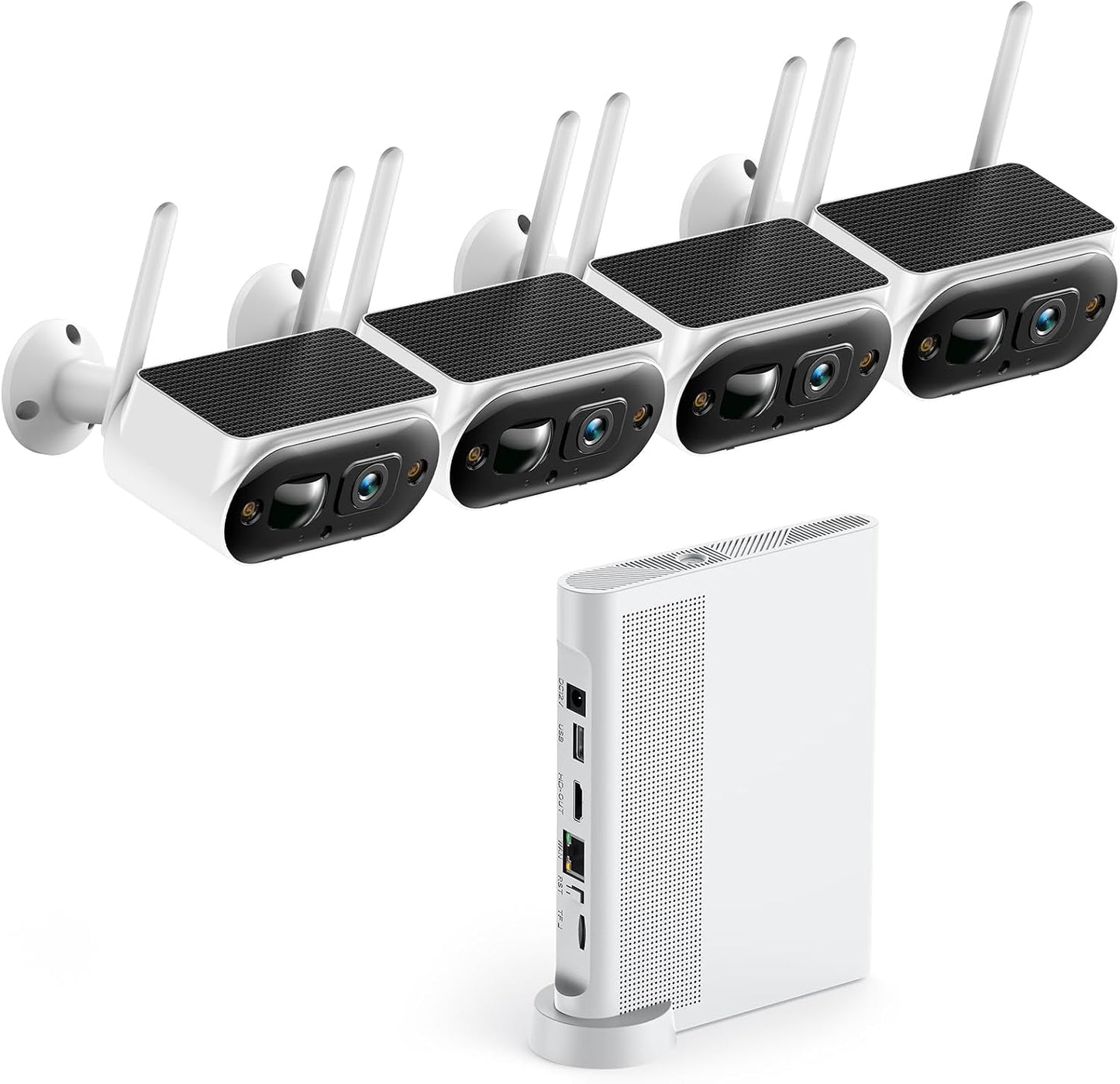 Solar Security Cameras Wireless Outdoor, Quick Installation, No Subscription Cameras for Home Security Camera System, 10CH Expandable, 2.4 & 5Ghz, 4 Cameras with Monitor