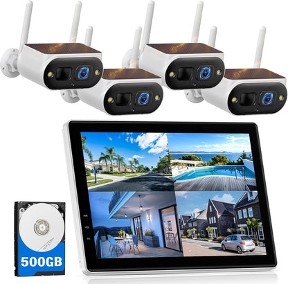 Solar Security Cameras Wireless Outdoor, Quick Installation, No Subscription Cameras for Home Security Camera System, 10CH Expandable, 2.4 & 5Ghz, 4 Cameras with Monitor