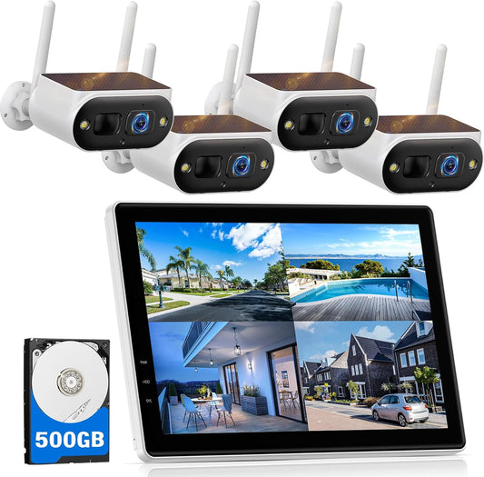 Solar Security Cameras Wireless Outdoor, Quick Installation, No Subscription Cameras for Home Security Camera System, 10CH Expandable, 2.4 & 5Ghz, 4 Cameras with Monitor