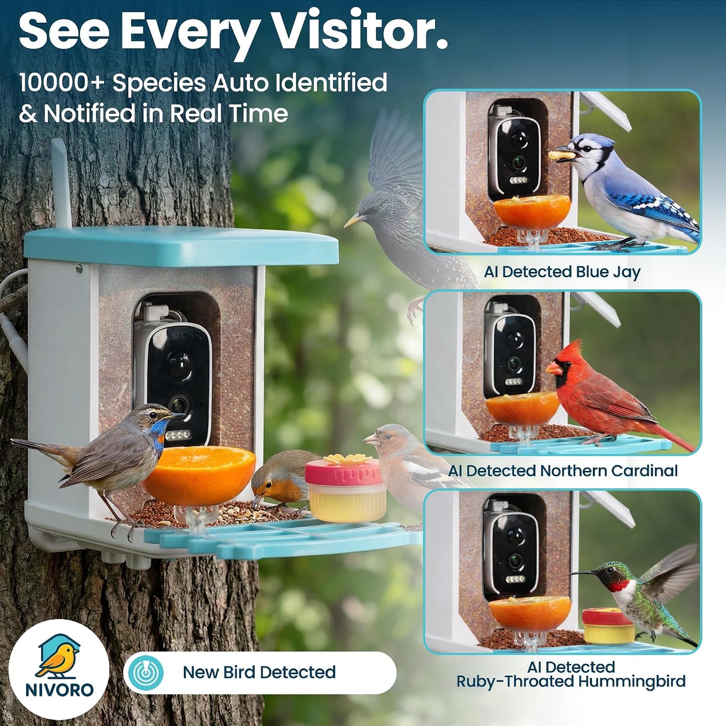 AI Smart Bird Feeder with Camera - Solar Powered Bird Feeder, 2.5K Video, 10,000+ Species ID - 50M App Range, Two-Way Audio - with Hummingbird Feeder - IP65 Waterproof, Night Vision, 1.5L