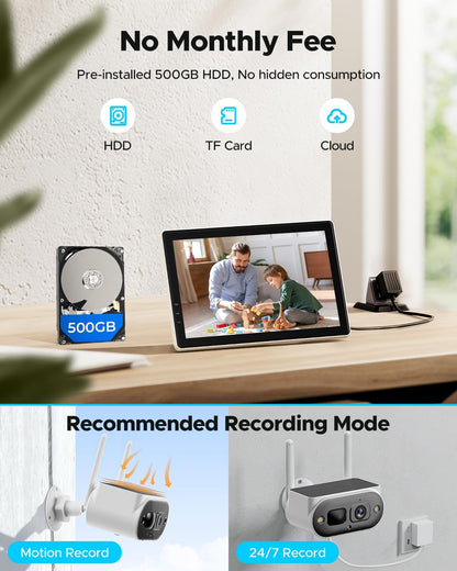 Solar Security Cameras Wireless Outdoor, Quick Installation, No Subscription Cameras for Home Security Camera System, 10CH Expandable, 2.4 & 5Ghz, 4 Cameras with Monitor