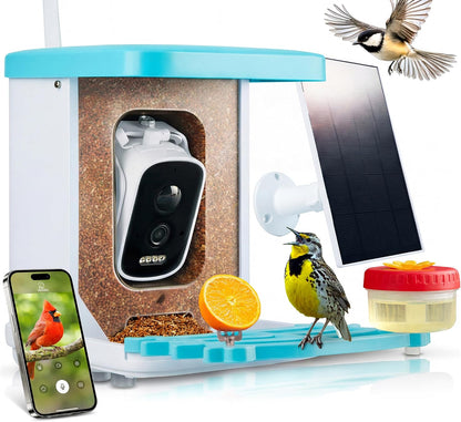 AI Smart Bird Feeder with Camera - Solar Powered Bird Feeder, 2.5K Video, 10,000+ Species ID - 50M App Range, Two-Way Audio - with Hummingbird Feeder - IP65 Waterproof, Night Vision, 1.5L