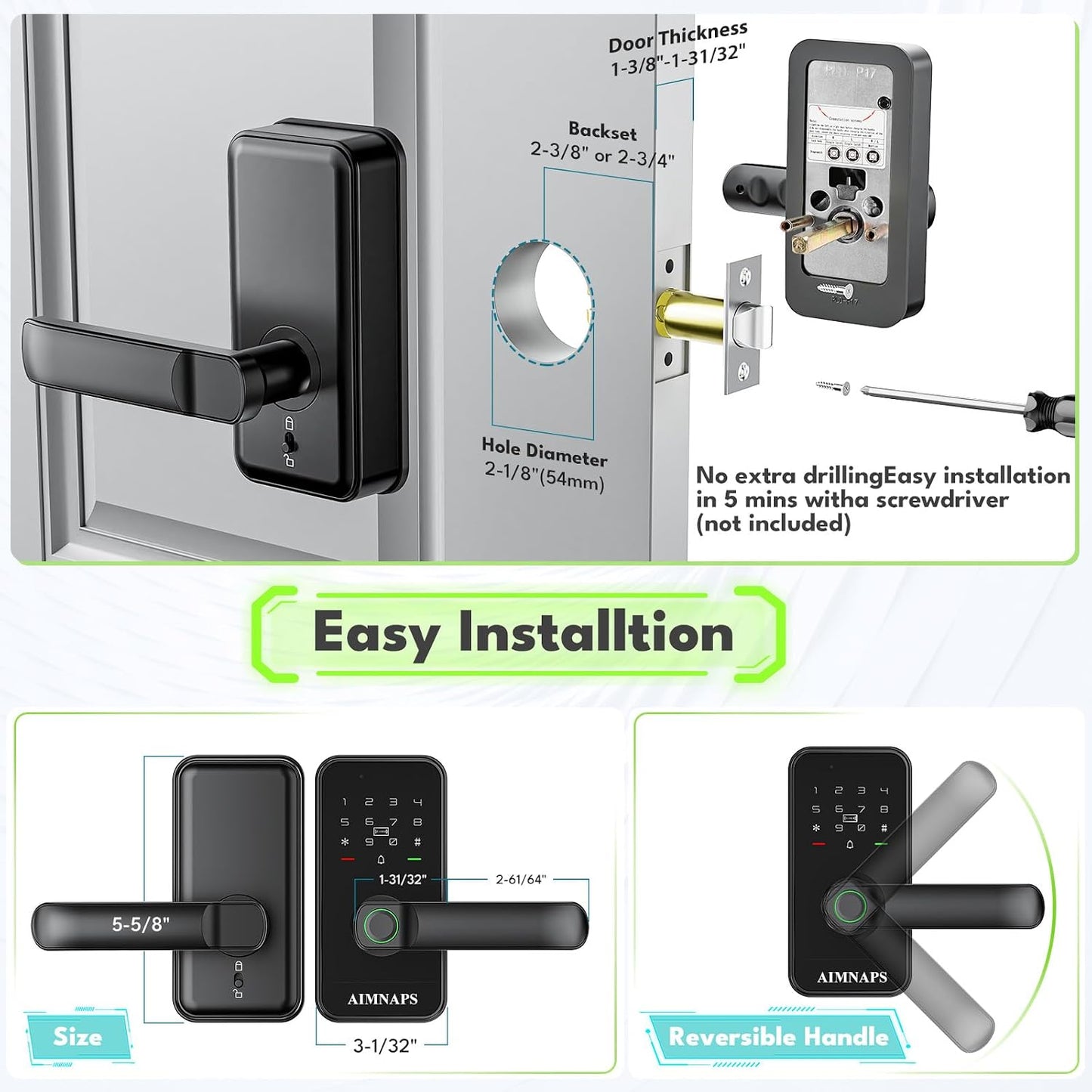 Wifi Keyless Entry Door Lock with Handle,Door Locks for Front Door,Deadbolt | Fingerprint Door Knob, Keypad Deadbolt with App Remote/Wifi/Key/Ic Card/ Passcode, Smart Lock & Front Door Handle-Black