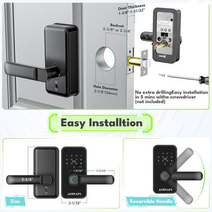 Wifi Keyless Entry Door Lock with Handle,Door Locks for Front Door,Deadbolt | Fingerprint Door Knob, Keypad Deadbolt with App Remote/Wifi/Key/Ic Card/ Passcode, Smart Lock & Front Door Handle-Black