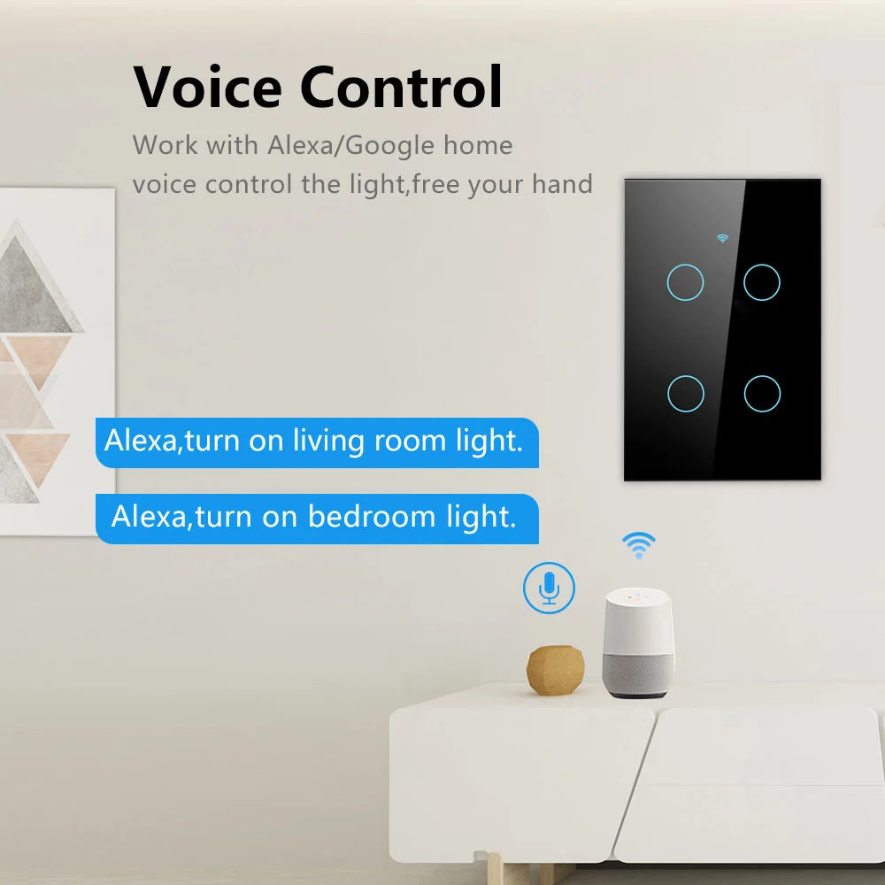 US Wifi Smart Light Switch Neutral Wire/No Neutral Wire Touch Switch Smart Life Work with Tuya Alexa Google Home 1/2/3/4 Gang