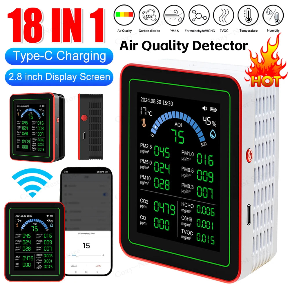 18-In-1 Air Quality Monitor with CO2 Monitor/Hcho/Tvoc/Temperature/Humidity Colorful TFT Display Screen Air Quality Meter