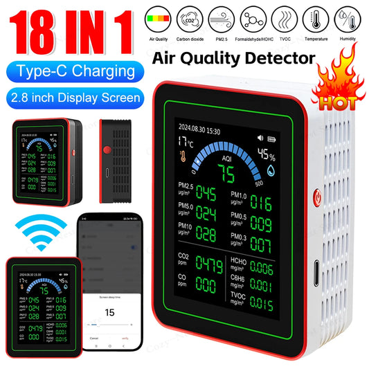 18-In-1 Air Quality Monitor with CO2 Monitor/Hcho/Tvoc/Temperature/Humidity Colorful TFT Display Screen Air Quality Meter