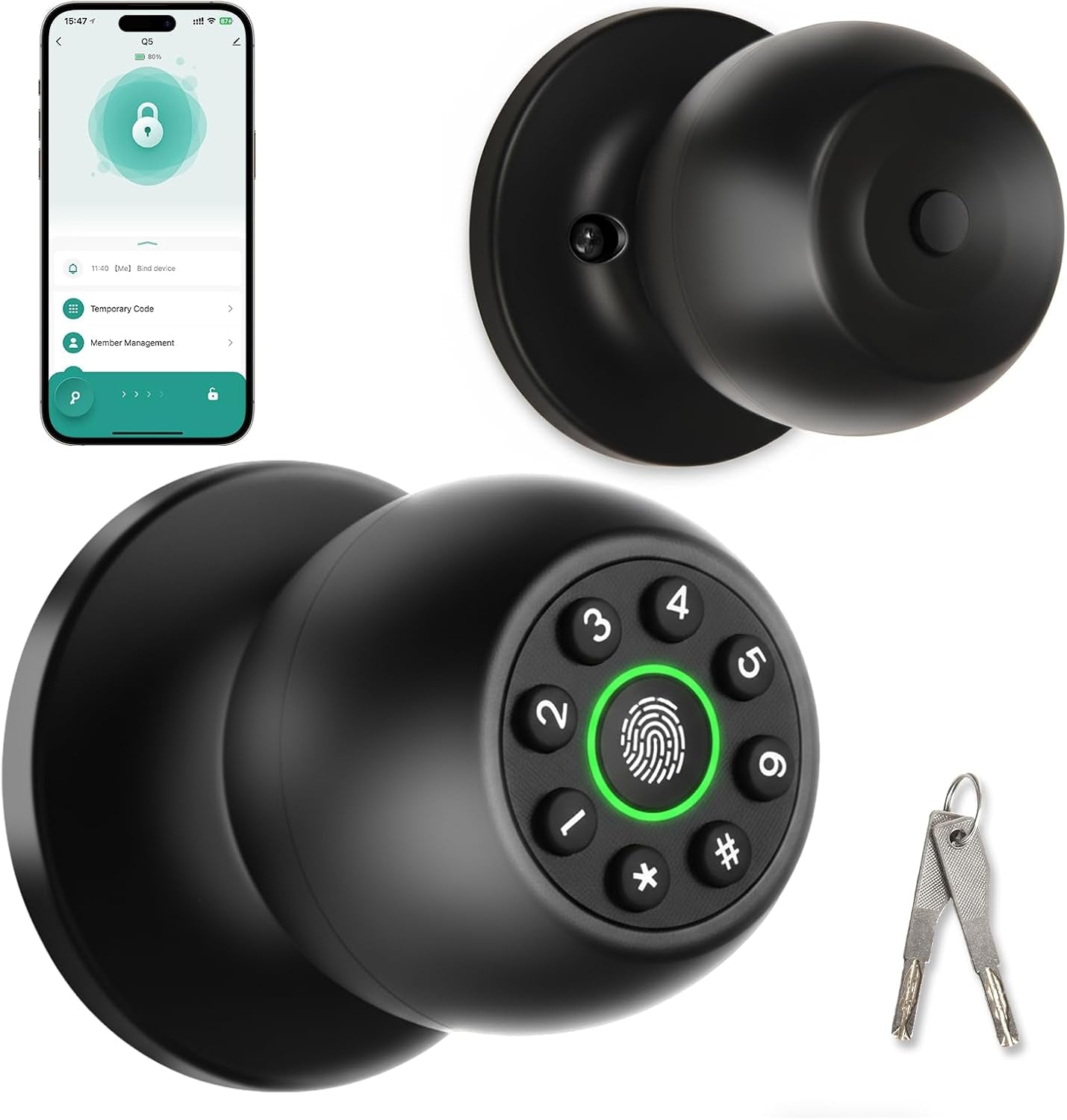 Smart Fingerprint Door Lock, Fingerprint Door Knob, App Control | Keyless Entry, Easy Installation, Long-Term Use, 4 Unlocking Methods,Heavy-Duty Aluminum Alloy