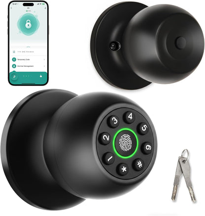 Smart Fingerprint Door Lock, Fingerprint Door Knob, App Control | Keyless Entry, Easy Installation, Long-Term Use, 4 Unlocking Methods,Heavy-Duty Aluminum Alloy