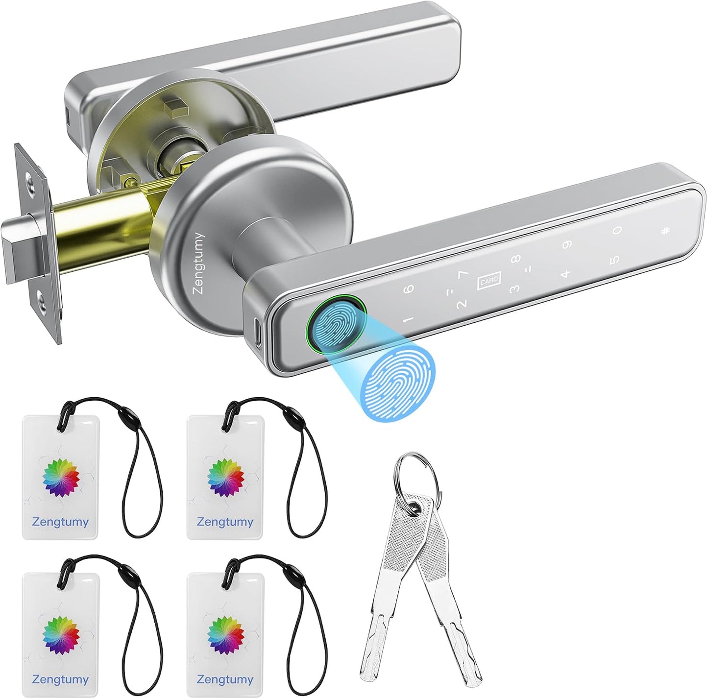 Fingerprint Door Lock, Smart Door Knob with Fingerprint/Password/Key/Ic Card-Smart Door Lock for Bedroom, Hotel, Office, Apartment-Silver