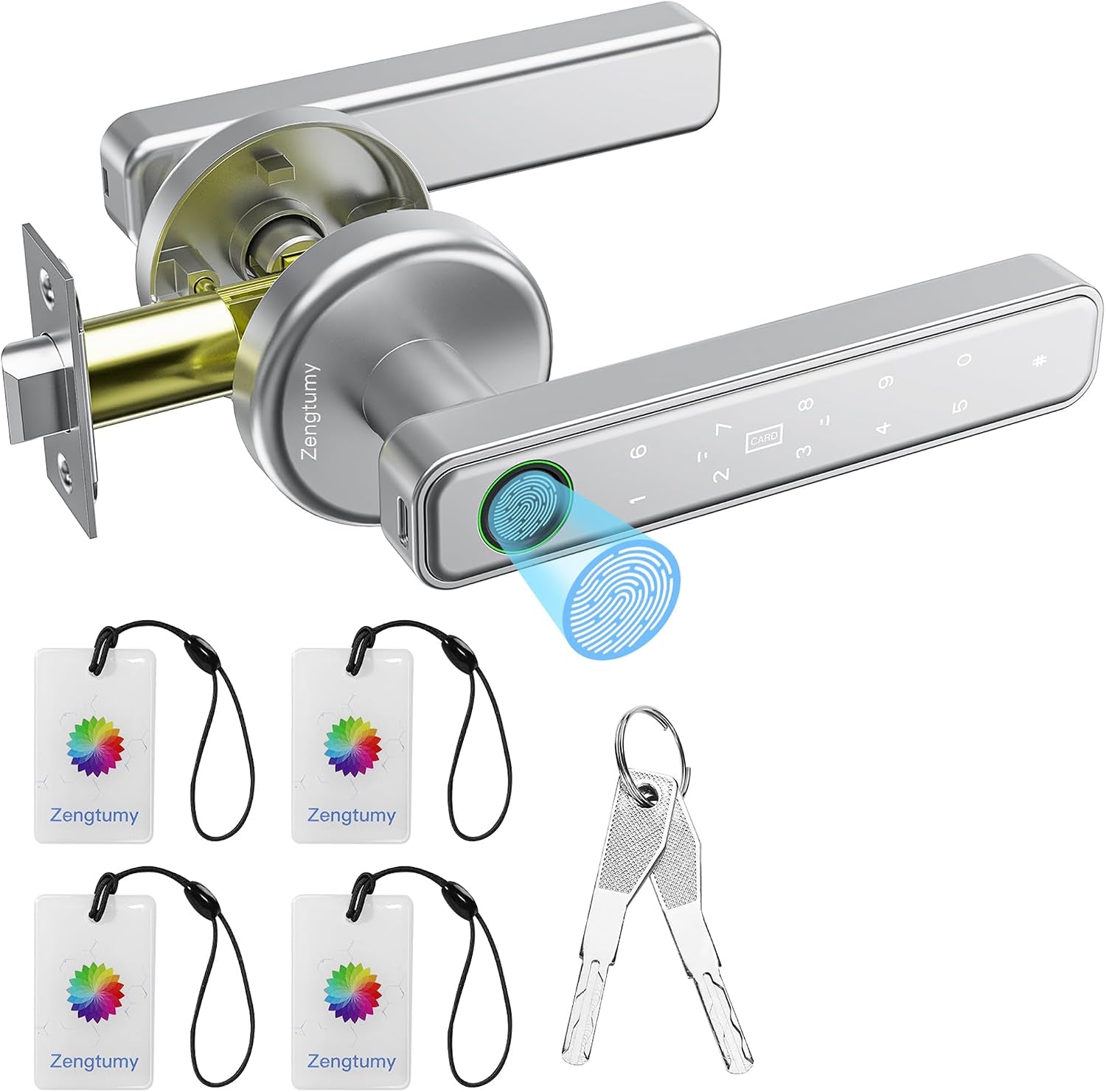 Fingerprint Door Lock, Smart Door Knob with Fingerprint/Password/Key/Ic Card-Smart Door Lock for Bedroom, Hotel, Office, Apartment-Silver