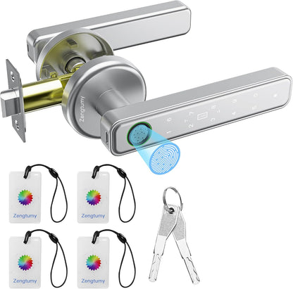 Fingerprint Door Lock, Smart Door Knob with Fingerprint/Password/Key/Ic Card-Smart Door Lock for Bedroom, Hotel, Office, Apartment-Silver