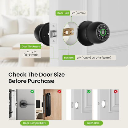 Smart Fingerprint Door Lock, Fingerprint Door Knob, App Control | Keyless Entry, Easy Installation, Long-Term Use, 4 Unlocking Methods,Heavy-Duty Aluminum Alloy