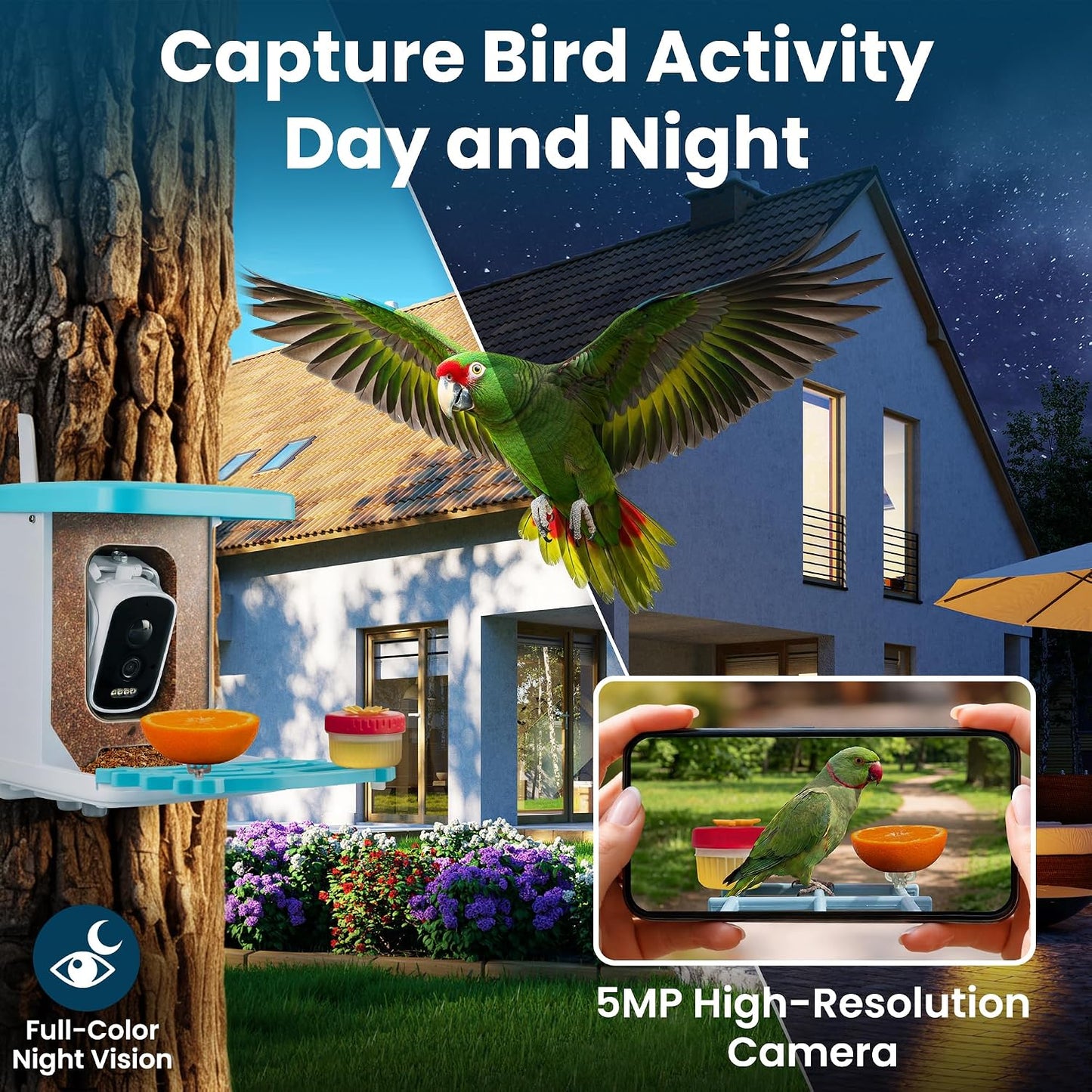 AI Smart Bird Feeder with Camera - Solar Powered Bird Feeder, 2.5K Video, 10,000+ Species ID - 50M App Range, Two-Way Audio - with Hummingbird Feeder - IP65 Waterproof, Night Vision, 1.5L