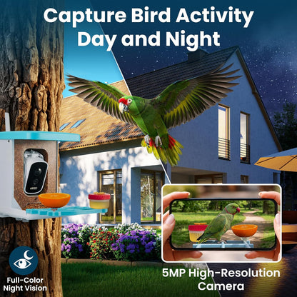 AI Smart Bird Feeder with Camera - Solar Powered Bird Feeder, 2.5K Video, 10,000+ Species ID - 50M App Range, Two-Way Audio - with Hummingbird Feeder - IP65 Waterproof, Night Vision, 1.5L