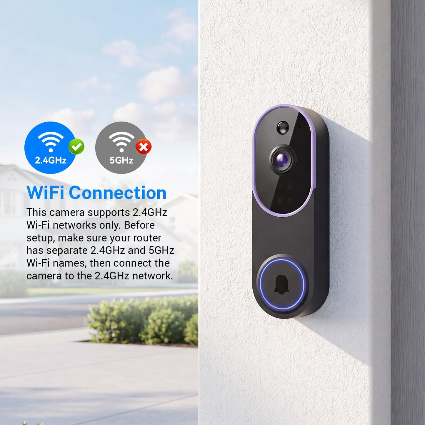 Smart 1080P Video Doorbell Camera with Night Vision, Live View, AI Human Detection, 2-Way Audio, Cloud Storage (Sold Separately), 2.4G Wifi Only, Hidden Security