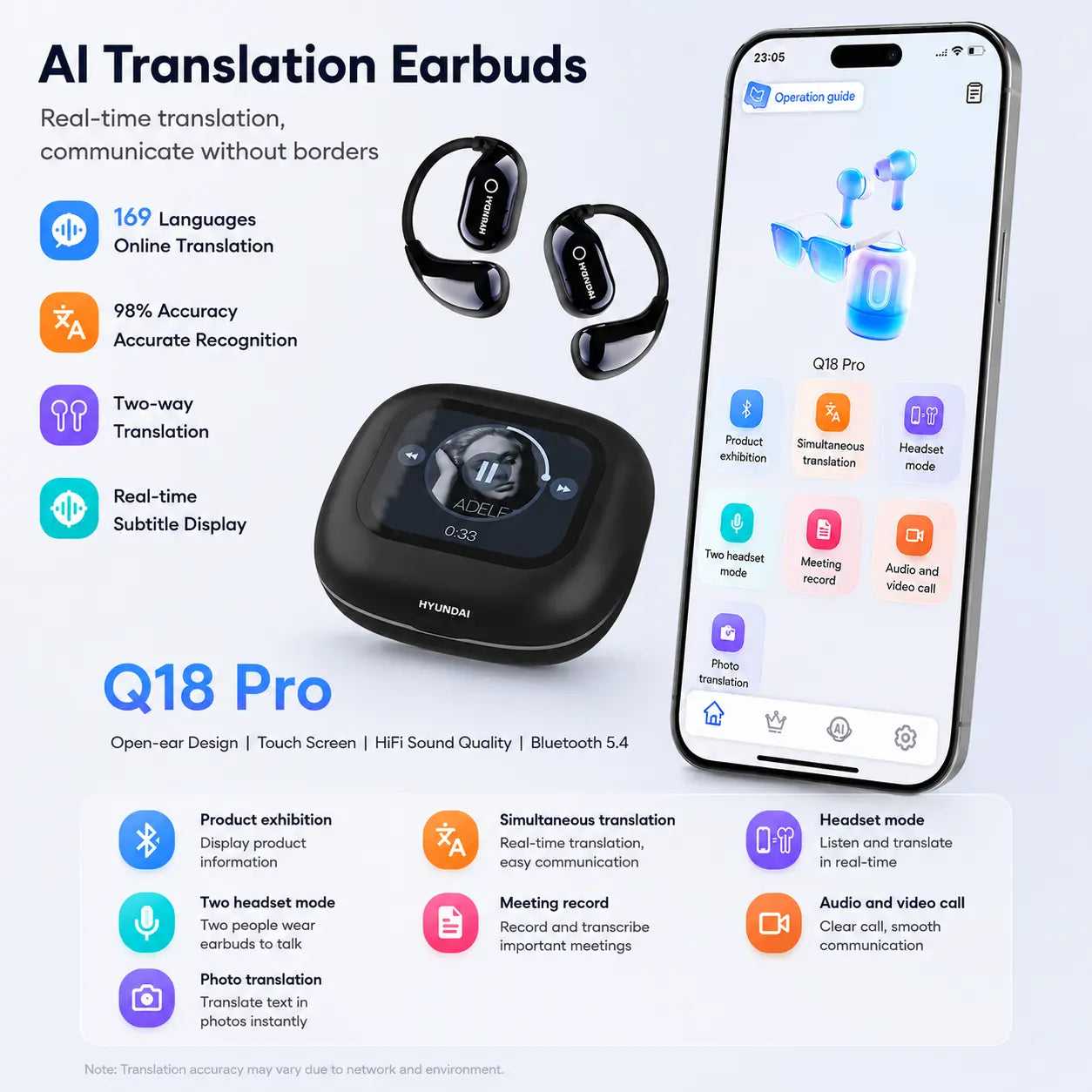 Experience the Future of Sound with Hyundai HY-Q18 Pro Bluetooth Wireless Earbuds - Touch Display, Translation Support, and Superior Noise Cancellation for Music & Calls