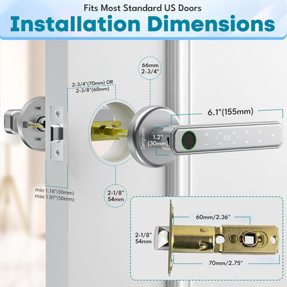 Fingerprint Door Lock, Smart Door Knob with Fingerprint/Password/Key/Ic Card-Smart Door Lock for Bedroom, Hotel, Office, Apartment-Silver