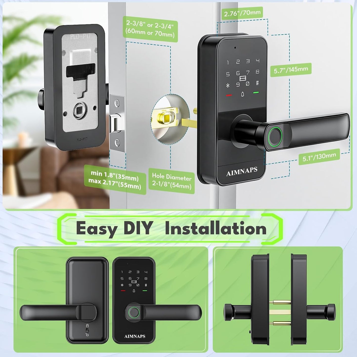 Wifi Keyless Entry Door Lock with Handle,Door Locks for Front Door,Deadbolt | Fingerprint Door Knob, Keypad Deadbolt with App Remote/Wifi/Key/Ic Card/ Passcode, Smart Lock & Front Door Handle-Black