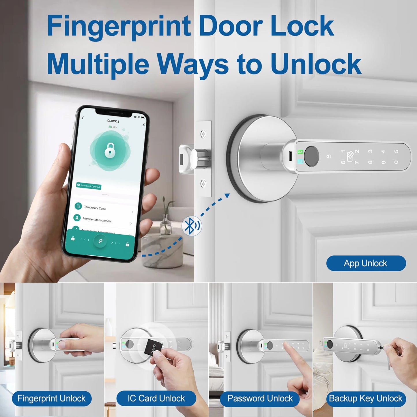 Fingerprint Door Lock, Smart Door Knob with APP Control, 100 Fingerprints Biometric Door Lock with Tuya App, Silver