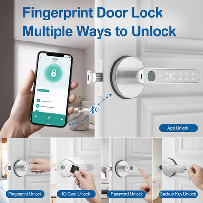 Fingerprint Door Lock, Smart Door Knob with APP Control, 100 Fingerprints Biometric Door Lock with Tuya App, Silver