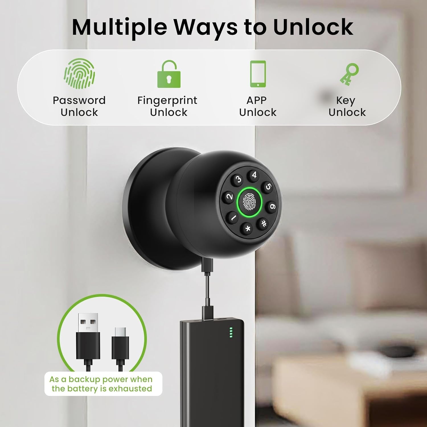 Smart Fingerprint Door Lock, Fingerprint Door Knob, App Control | Keyless Entry, Easy Installation, Long-Term Use, 4 Unlocking Methods,Heavy-Duty Aluminum Alloy
