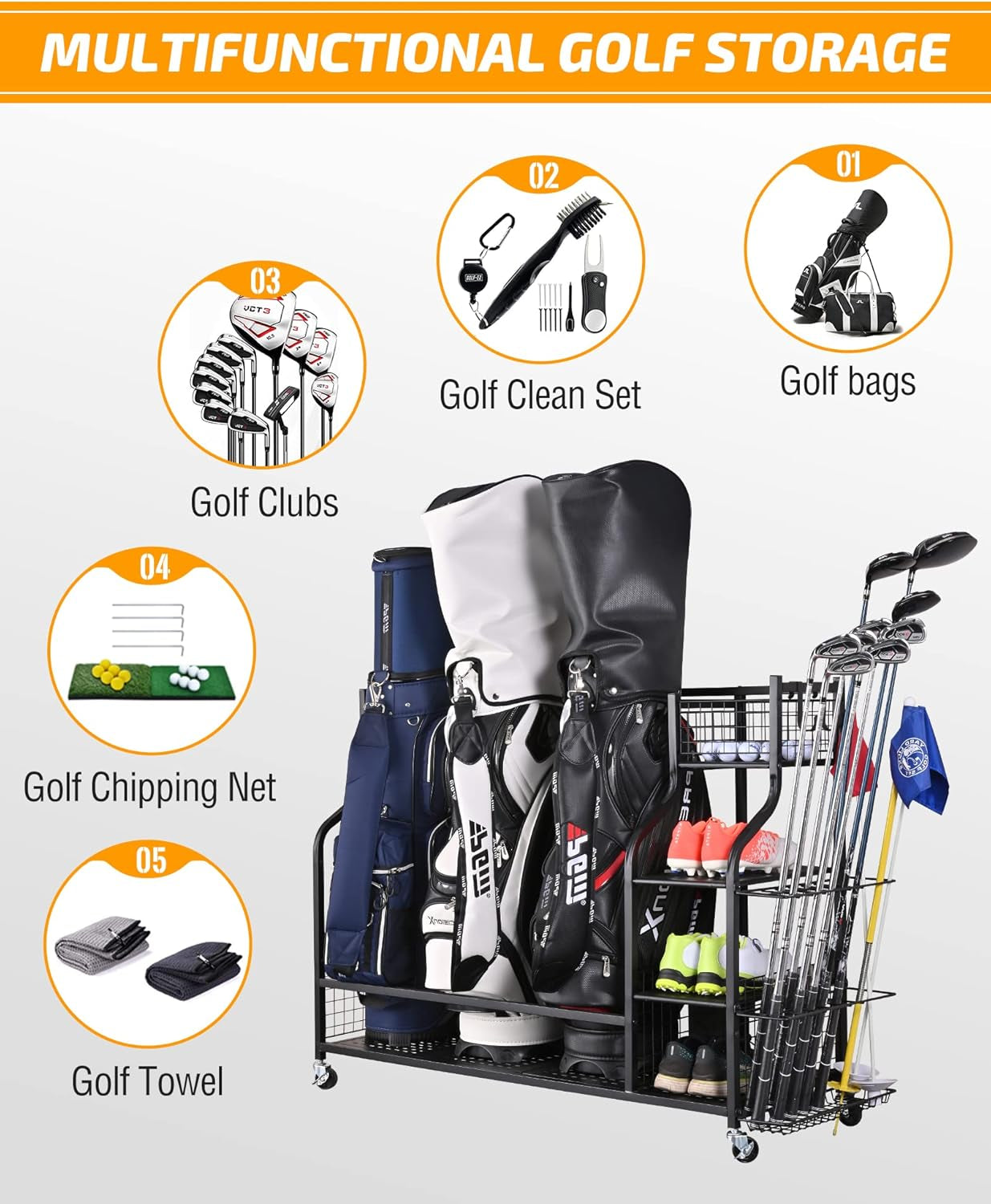 Maximize Your Space with the Ultimate 4 Golf Bag Organizer - Extra Large Storage Rack for Golf Bags, Clubs, and Accessories!