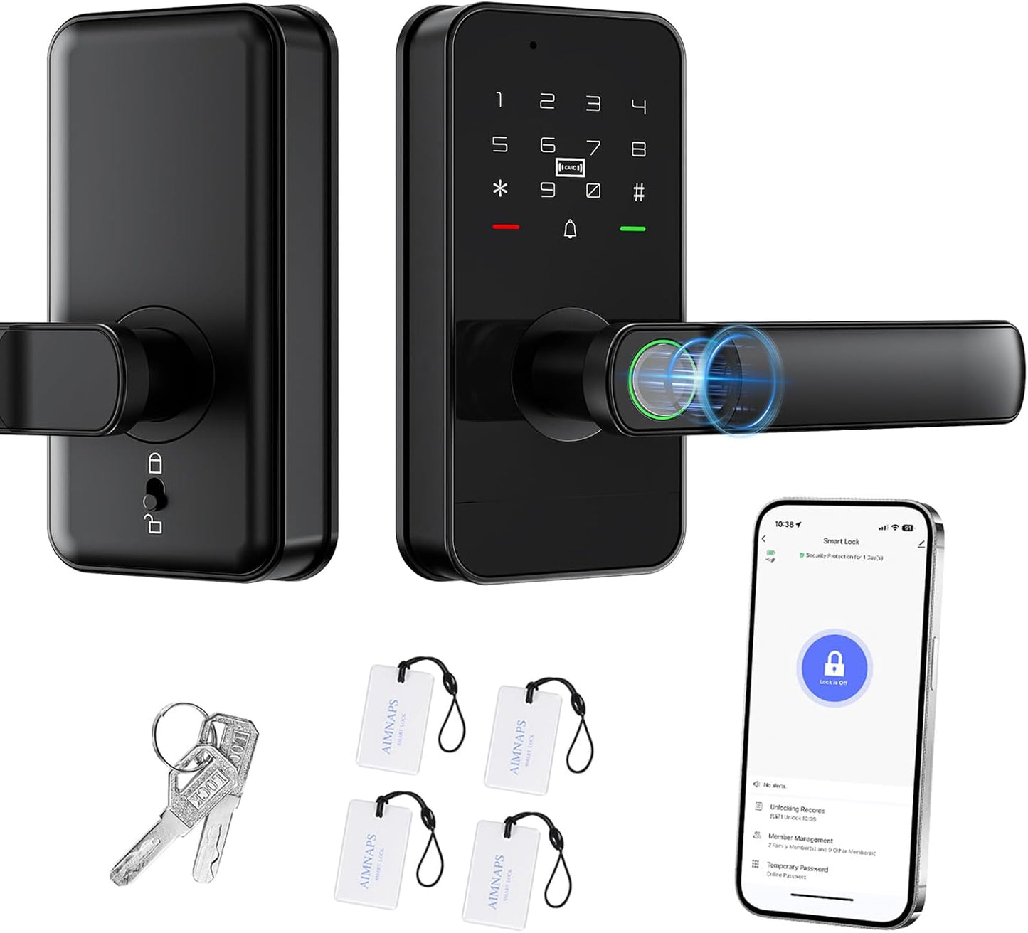 Wifi Keyless Entry Door Lock with Handle,Door Locks for Front Door,Deadbolt | Fingerprint Door Knob, Keypad Deadbolt with App Remote/Wifi/Key/Ic Card/ Passcode, Smart Lock & Front Door Handle-Black