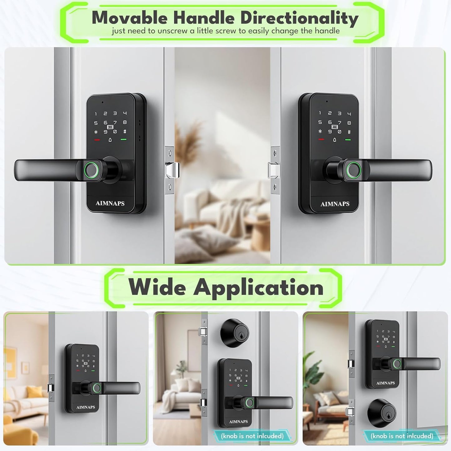 Wifi Keyless Entry Door Lock with Handle,Door Locks for Front Door,Deadbolt | Fingerprint Door Knob, Keypad Deadbolt with App Remote/Wifi/Key/Ic Card/ Passcode, Smart Lock & Front Door Handle-Black