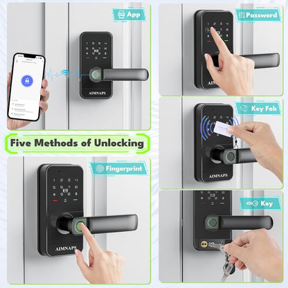 Wifi Keyless Entry Door Lock with Handle,Door Locks for Front Door,Deadbolt | Fingerprint Door Knob, Keypad Deadbolt with App Remote/Wifi/Key/Ic Card/ Passcode, Smart Lock & Front Door Handle-Black