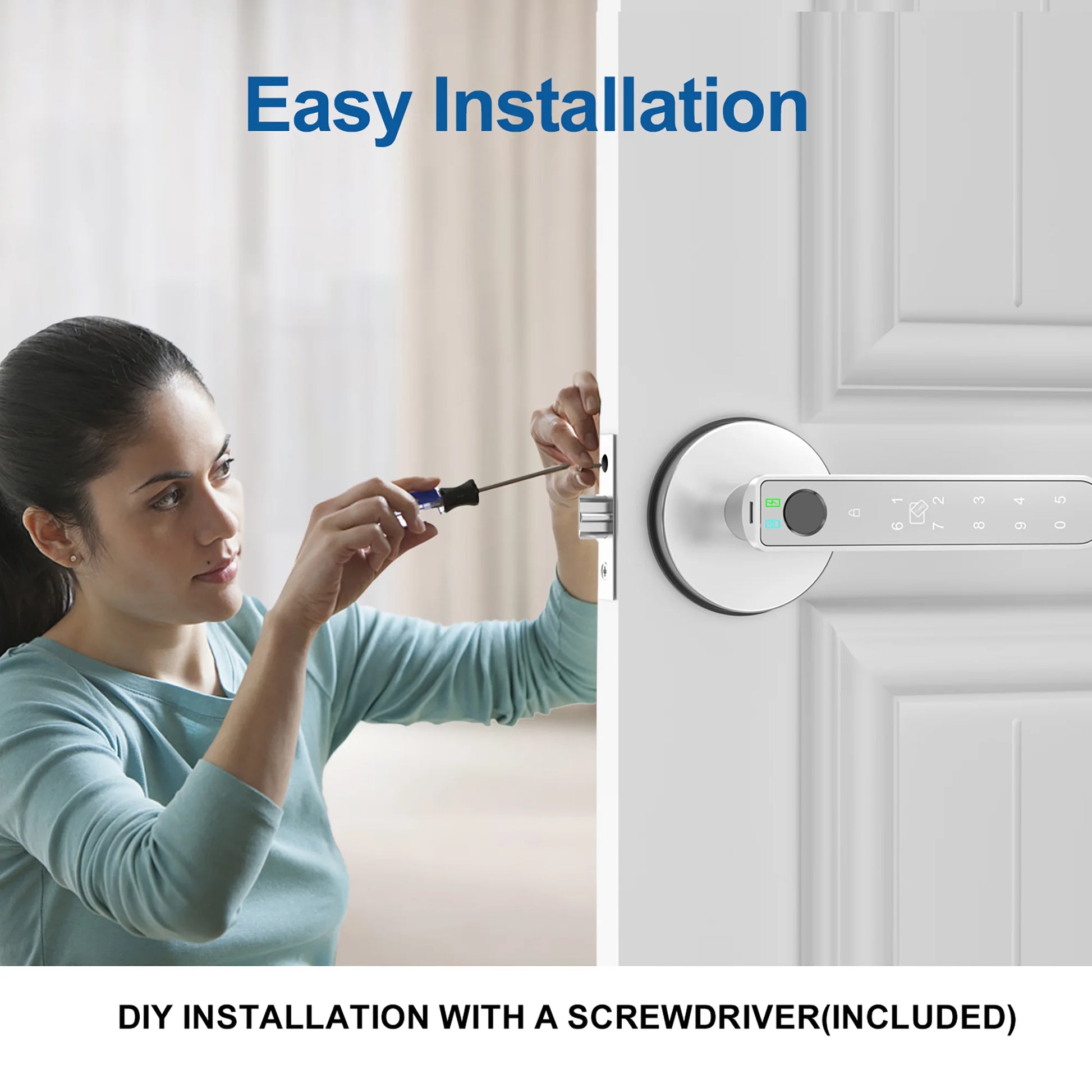 Fingerprint Door Lock, Smart Door Knob with APP Control, 100 Fingerprints Biometric Door Lock with Tuya App, Silver